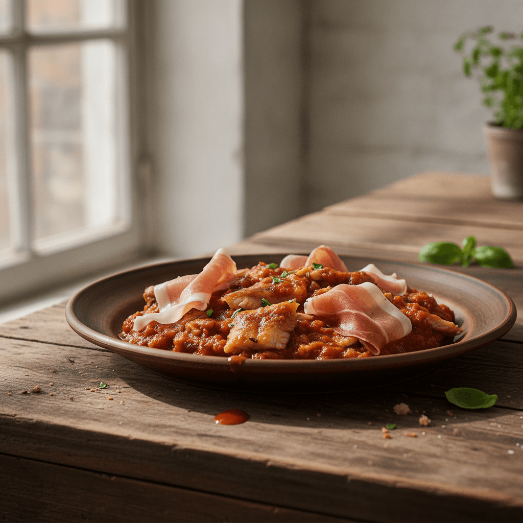 Aal in Tomatensauce und Parmaschinken