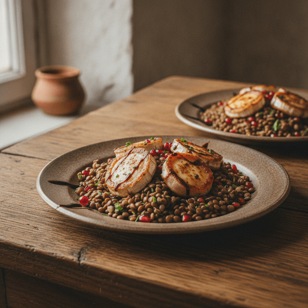Alblinsensalat mit Ziegenkäse im Speckmantel
