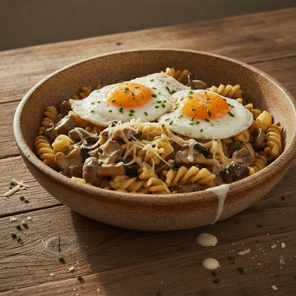Almpfanne mit Spiralnudeln, Pilzen und Bergkäse