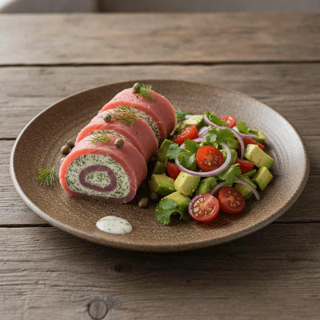 Alpenlachsroulade auf oberösterreichische Art mit Avocado-Tomatensalat