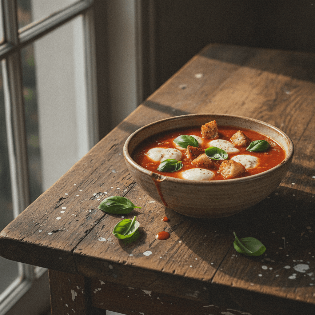 Aromatische Tomatensuppe mit Mozzarella und Basilikum