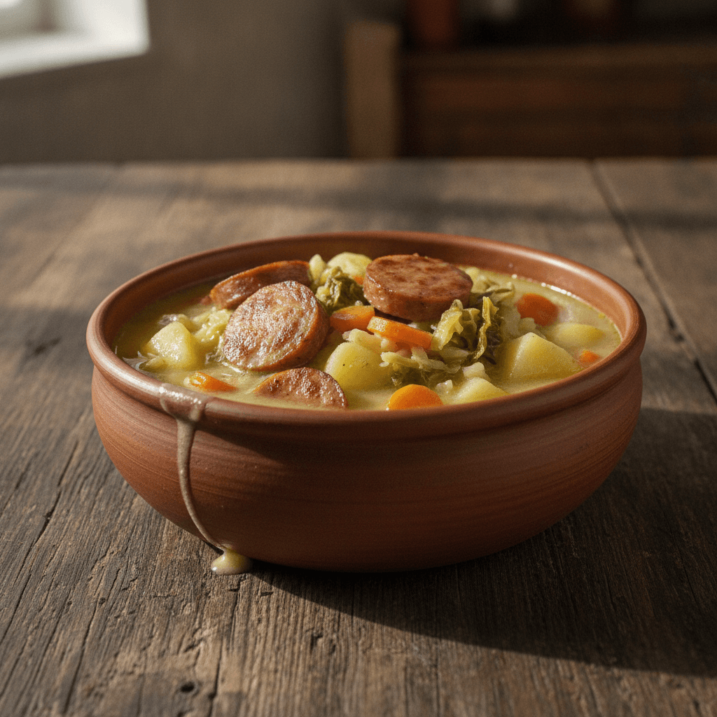 Herzhafte Kartoffelsuppe mit Möhren, Spitzkohl und Bratwürstchen