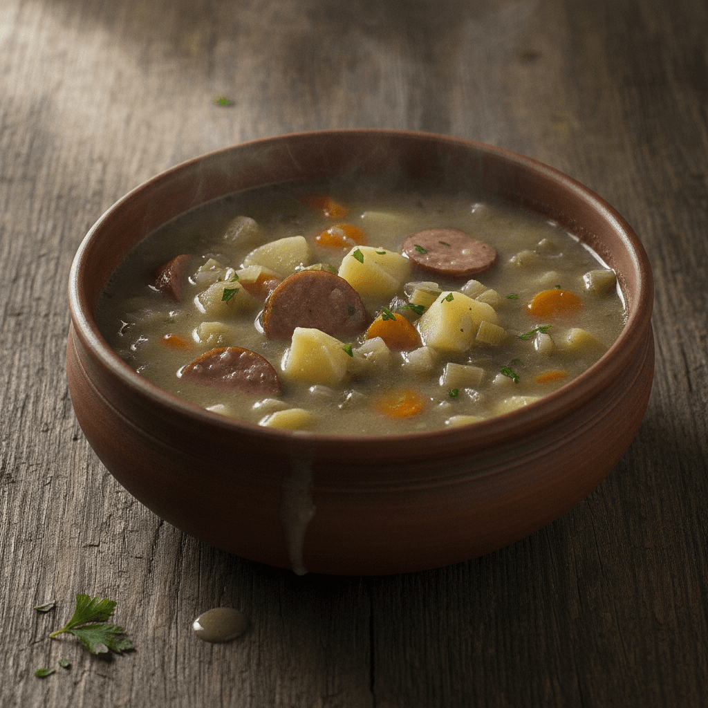 Herzhafte Kartoffelsuppe mit Rauchwurst und Wurzelgemüse