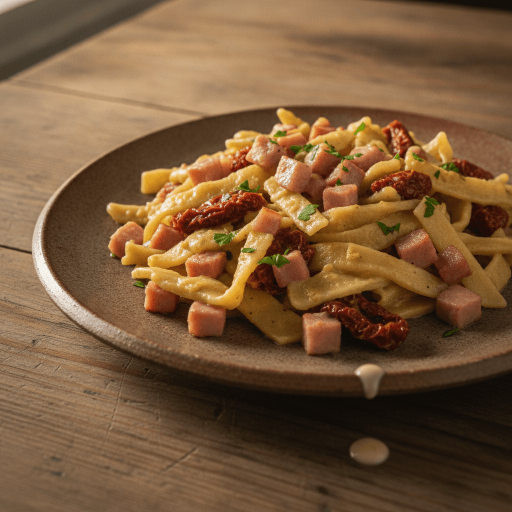 Herzhafte Nudelpfanne mit Schinken und getrockneten Tomaten