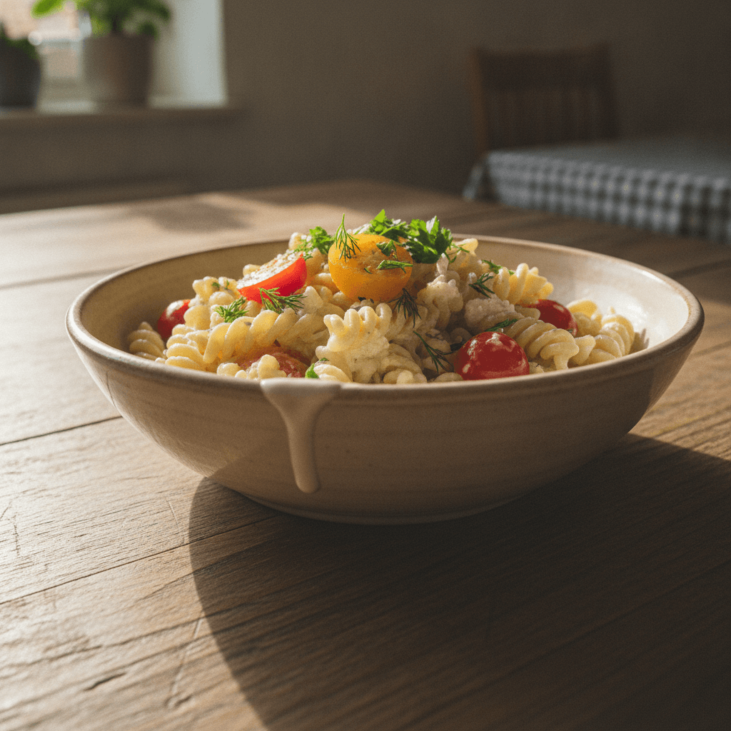 Nudeln mit Feta-Joghurtsauce und Tomaten