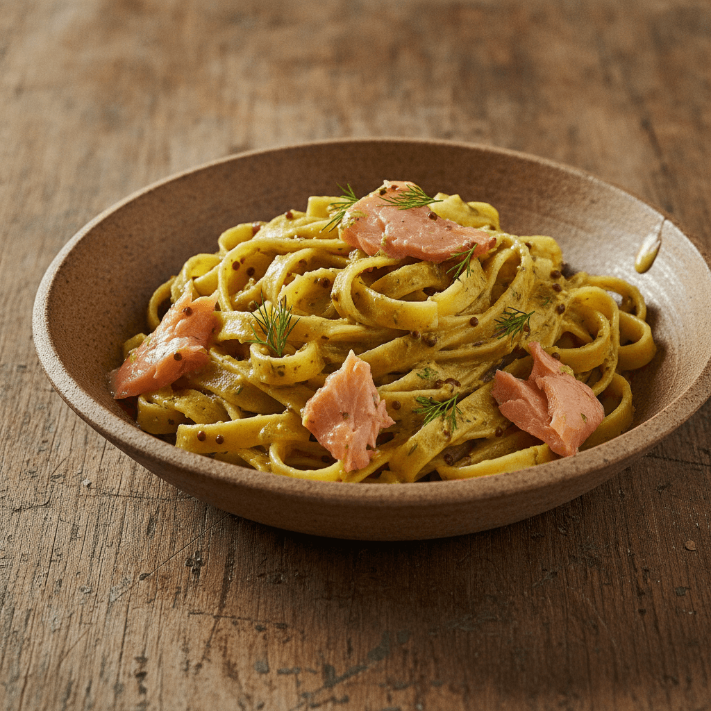 Nudeln mit Räucherlachs in Honig-Senf-Dill-Sauce