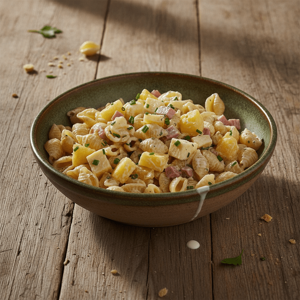 Nudelsalat mit Ananas und Käse